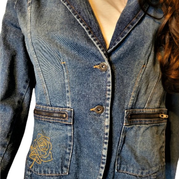 RAVE Jean Jacket Cropped Distressed Embroidered Zipped Pockets Button Fr… - Picture 3 of 7